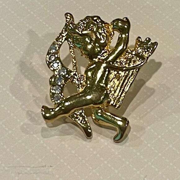 Vintage Gold Cherub Angel Brooch Womens Casual Crystal Rhinestone Fashion Pin - Picture 1 of 6